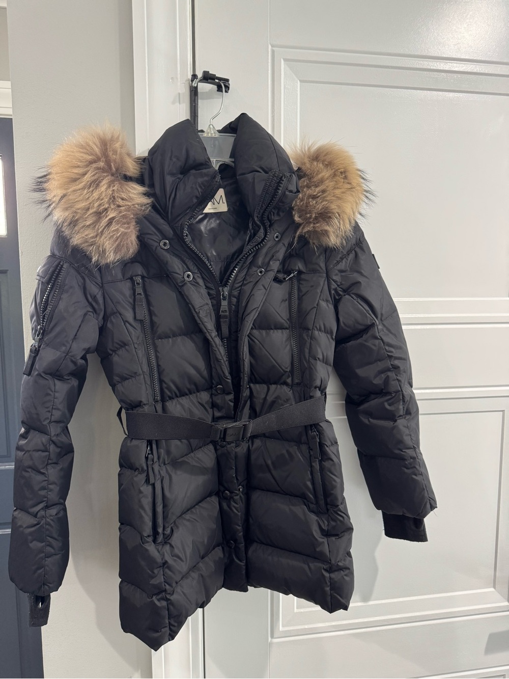 SAM. Juniors Black Quilted Belted Puffer Coat with Faux Fur Trim